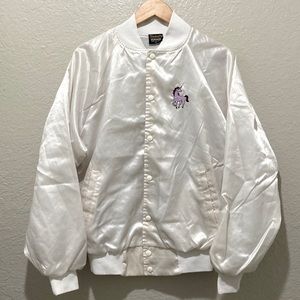 Vintage Nemesis Sportswear Lavender Unicorn White Satin Bomber Jacket, size M